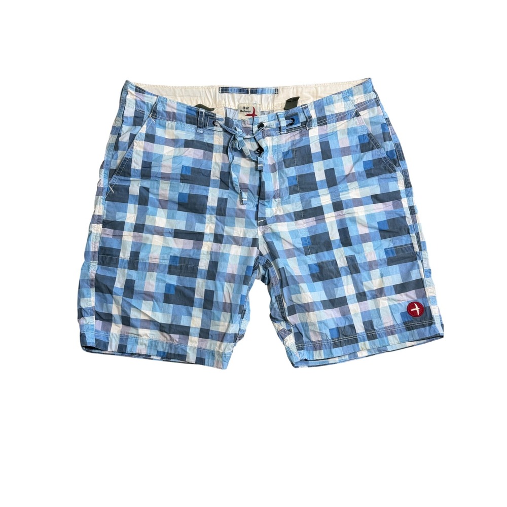 Relwen Mens Blue Pixel Plaid Drawstring Shorts Size 32 Cotton Nylon Blend